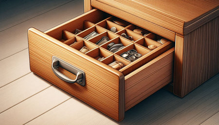 Wooden drawer with different tools in it. 3D illustration.