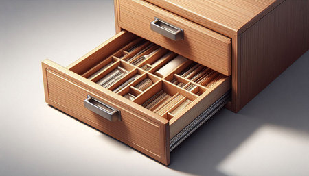 3d rendering of a wooden drawer with drawers for documents.