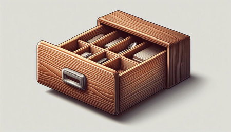 Illustration of a wooden drawer on a gray background - 3d render