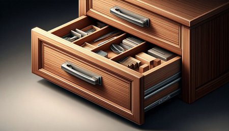 3d illustration of a wooden drawer with drawers on a dark background
