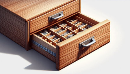 Wooden drawer with cutlery in it. 3d illustration