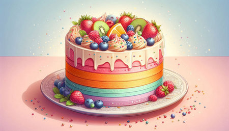 Birthday cake with fruits and berries on a pink background. Vector illustration.