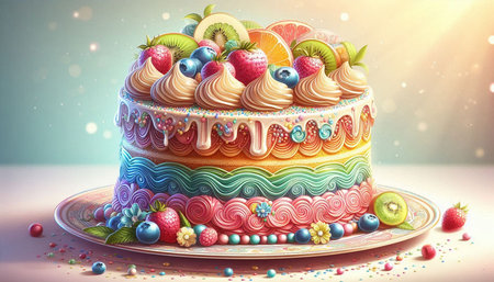 Birthday cake decorated with fruits and berries. 3D illustration.
