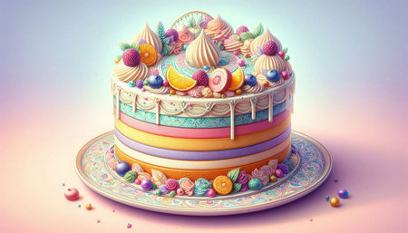 Birthday cake with colorful candies. 3D illustration. Vintage style.