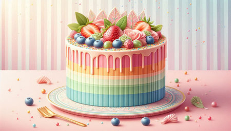 Colorful birthday cake with berries on pink background, 3d illustration
