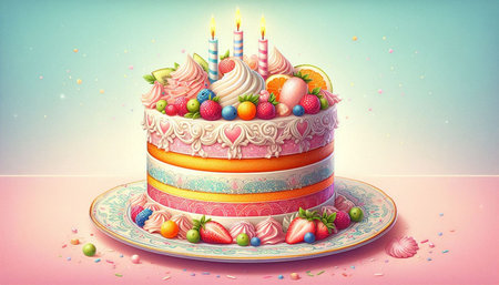 Birthday cake with candles and candies on colorful background. Vector illustration.