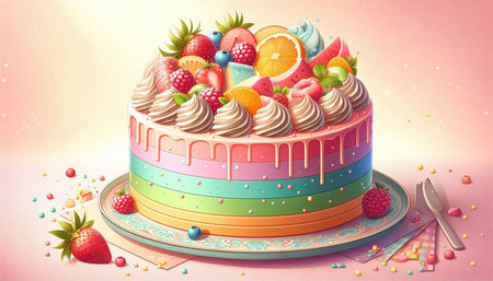 Birthday cake with fruits and berries on a pink background. 3d illustration