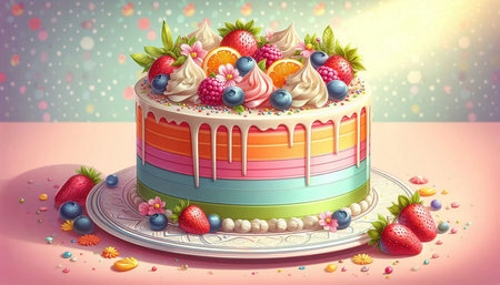 Birthday cake with cream and berries on a pink background. 3d illustration