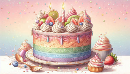 Birthday cake with fruits and candles on pink background. 3d illustration