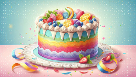Birthday cake with fruit and confetti on pastel background.