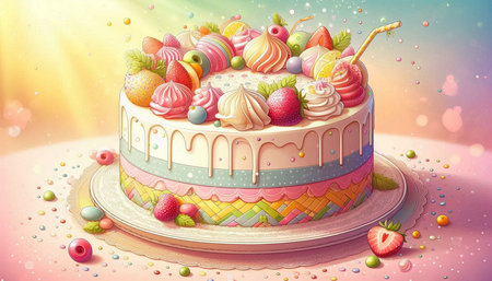 Birthday cake with cream and candies. 3D illustration.