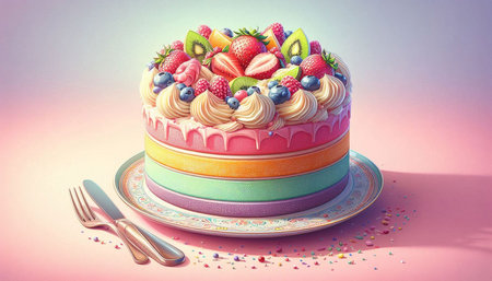 Colorful cake decorated with fruits and berries on a pink background.