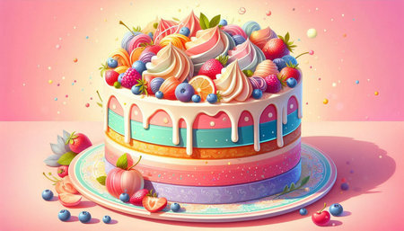 Birthday cake with fruits and berries, 3d vector illustration.