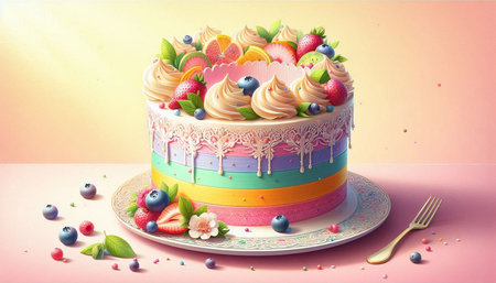 Birthday cake with cream and berries on pink background. 3d illustration