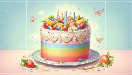 Birthday cake with fruits and candles on colorful background, vector illustration