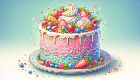 Birthday cake decorated with fresh berries and candies. Vector illustration.