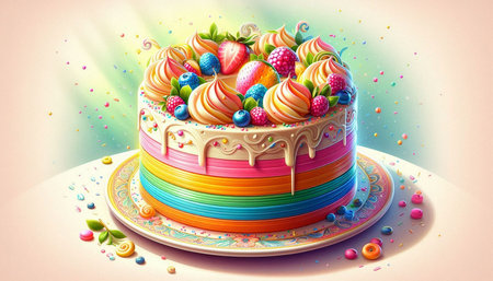 Birthday cake with multicolored cream and berries. 3d illustration