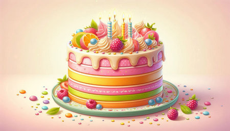 Birthday cake with candles and berries on pink background. Vector illustration.