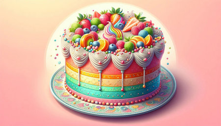 Birthday cake with cream and fruits on top. 3D illustration