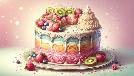 Birthday cake with fruits and berries on a pink background. 3d illustration