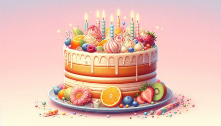 Birthday cake with candles and fruits, 3d illustration, horizontal
