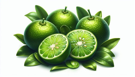 Lime fruit with green leaves isolated on white background. Vector illustration.