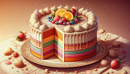 Birthday cake with fruits and chocolate candies on a brown background