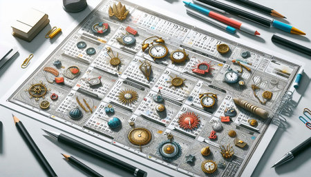 Top view of a set of mechanical watches and other accessories on a white background