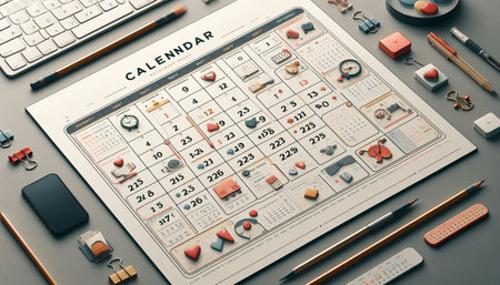 Calendar and office supplies on grey background. Planning concept. 3D Rendering