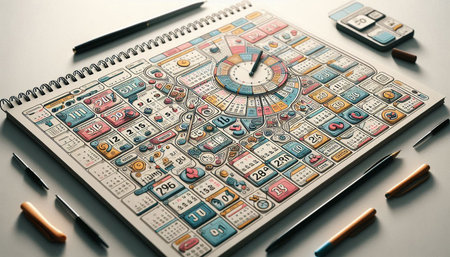 Top view of sketchbook with pen and calculator on table, closeup