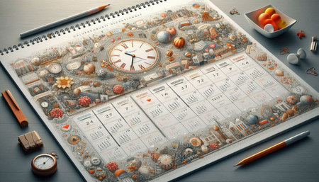 Composite image of calendar with clock and stationery on table