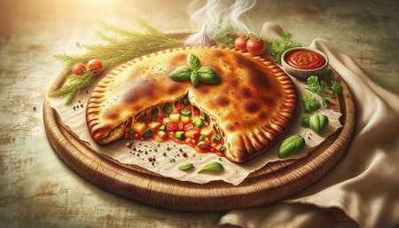 Traditional georgian khachapuri with tomato sauce on wooden board