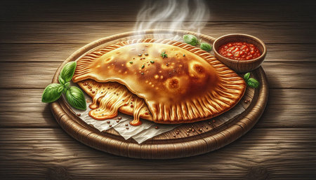 Traditional georgian pie with meat and tomato sauce on wooden background