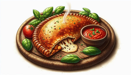 Pizza with tomato sauce on a wooden plate. Vector illustration.