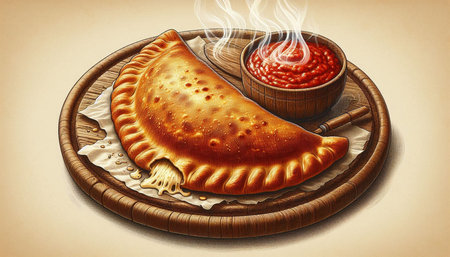 Baked pie with tomato sauce on a wooden board. Illustration