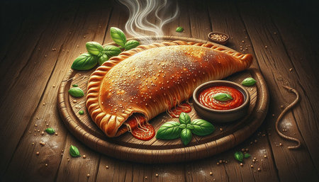 Pizza with tomato sauce and basil on wooden background. Top view