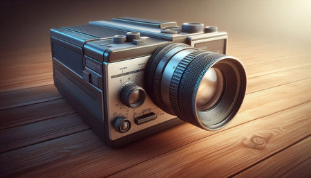 Retro camera on wooden background. 3d rendering toned image