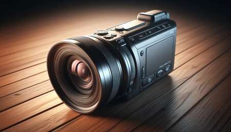 Digital SLR camera on a wooden background. 3d illustration.