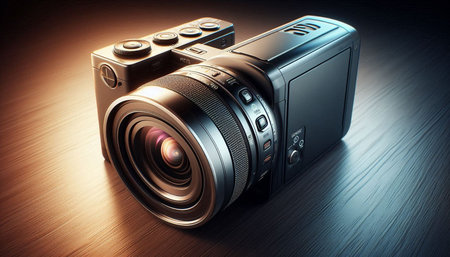 Digital camera on a dark background. 3d rendering. Computer digital drawing.