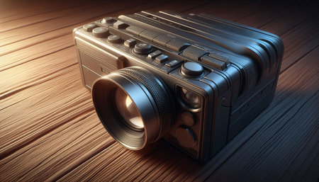 Digital camera on wooden background. 3d illustration. Vintage style.