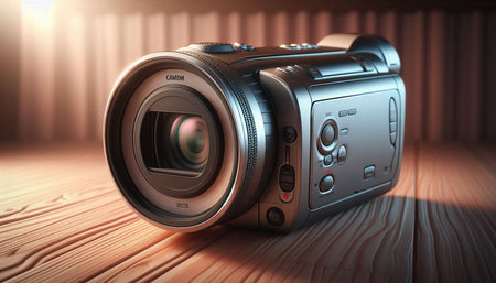 Digital camera on a wooden background. 3d rendering. Computer digital drawing.