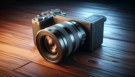 Digital camera on a wooden background. 3D illustration. Vintage style.