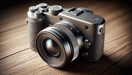 Retro camera on a wooden background. Shallow depth of field