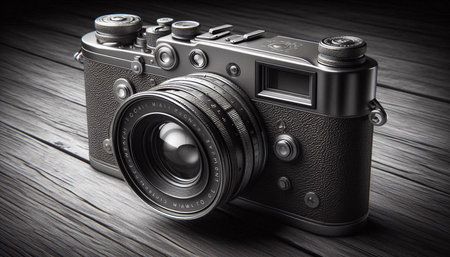 Vintage camera on a wooden background. Shallow depth of field.