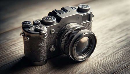 Vintage camera on a wooden background. Selective focus. Shallow depth of field.