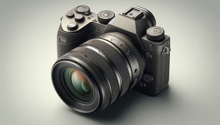 Digital SLR camera on a gray background. 3d illustration.