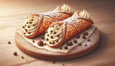 Puff pastry with cream and chocolate on a wooden board. Toned.