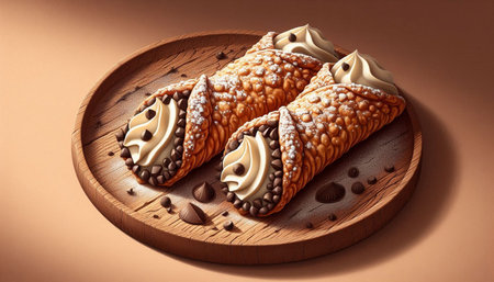 Biscuits with cream and chocolate on a wooden plate on a brown background