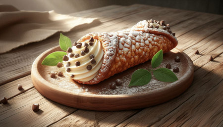 Tasty croissant with cream and chocolate chips on wooden table