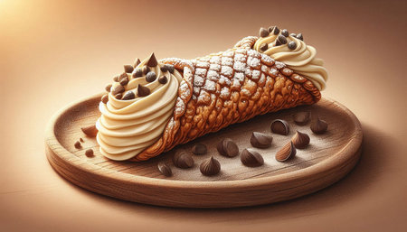 Creamy roll with chocolate and nuts on a wooden board.